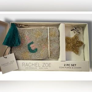 Rachel Zoe Beaded Champagne Coin Purse with Teal Tassel & Star Bag Charm